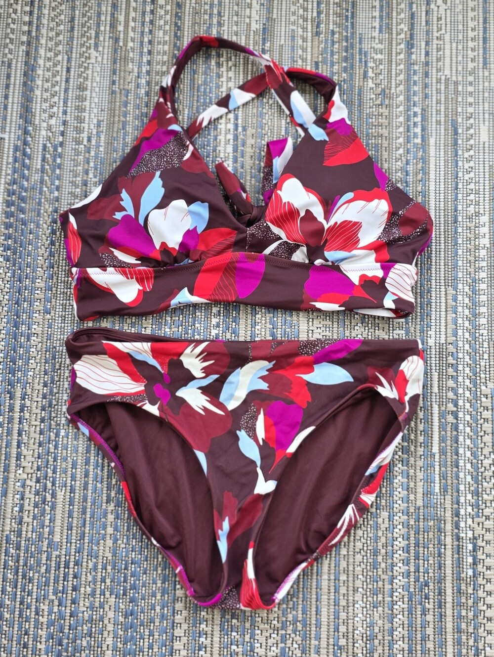 Athleta Floral 2 PC Bikini Swimsuit Hero Bloom Chocolate Blue Red Women's Size L